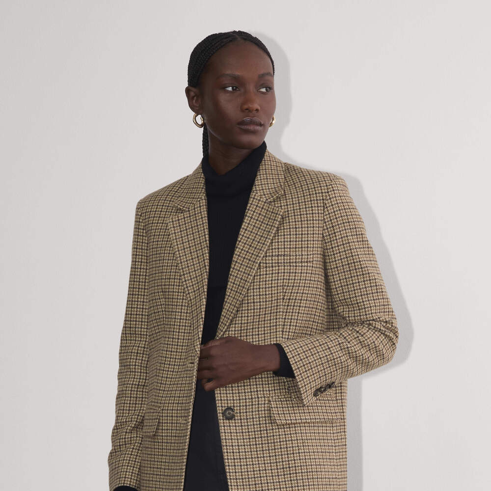 Everlane Women's Oversized Blazer in Wool in Camel Houndstooth, Size 4